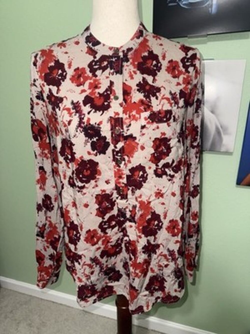 Lucky Brand Small Floral Henley Blouse Long Sleeve Orange Maroon Boho Top